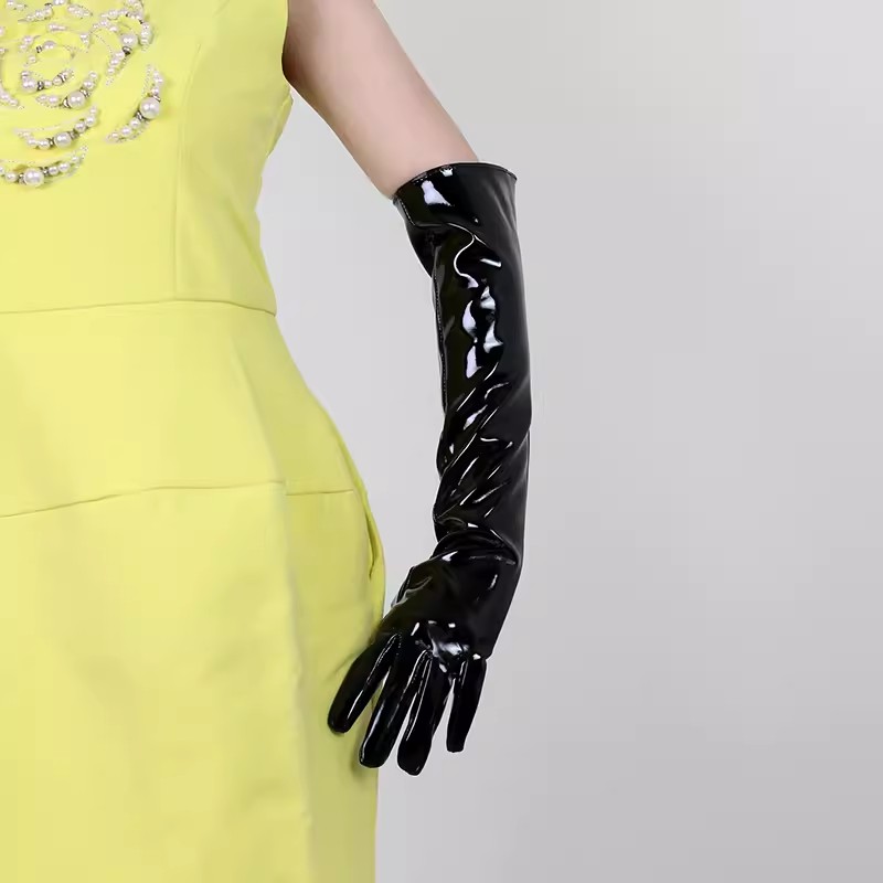 Formal Glove Leather - Damskie długie rękawiczki z lakierowanej czarnej