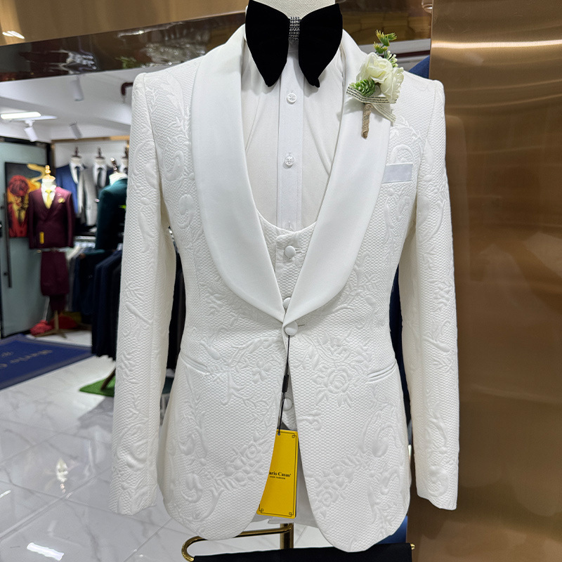 Men Formal Wear Jacket - Męski garnitur ślubny biały 3-częściowy żakardowy