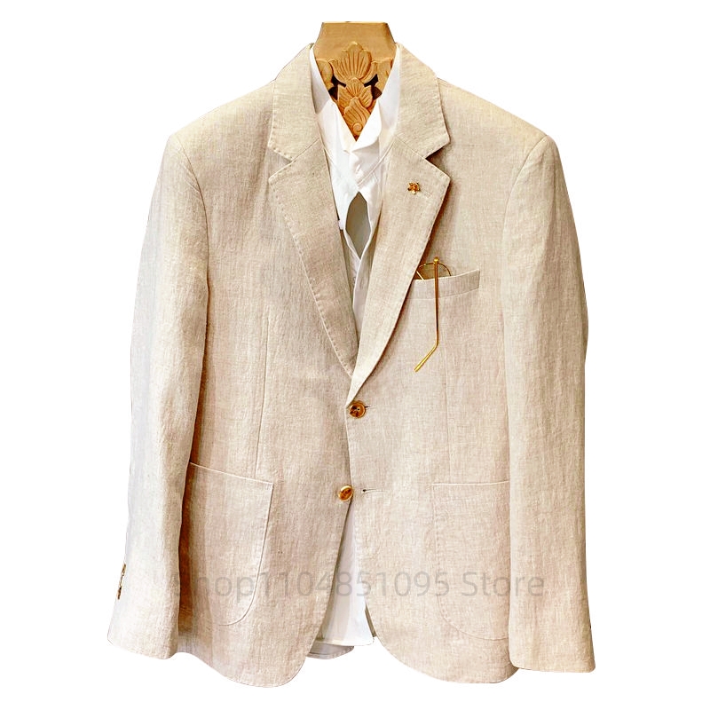 Men Formal Wear In Summer - Beżowe męskie garnitury lniane marynarki kurtki