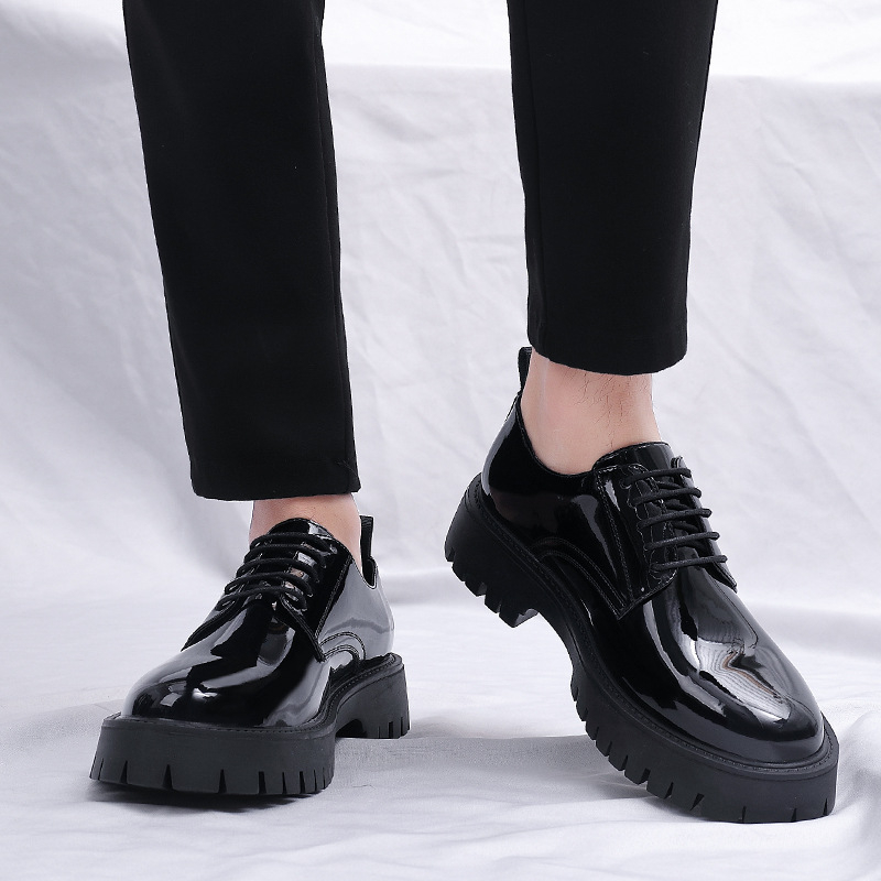 Men Formal Wear All Black - Męskie czarne lakierowane oksfordy na platformie,