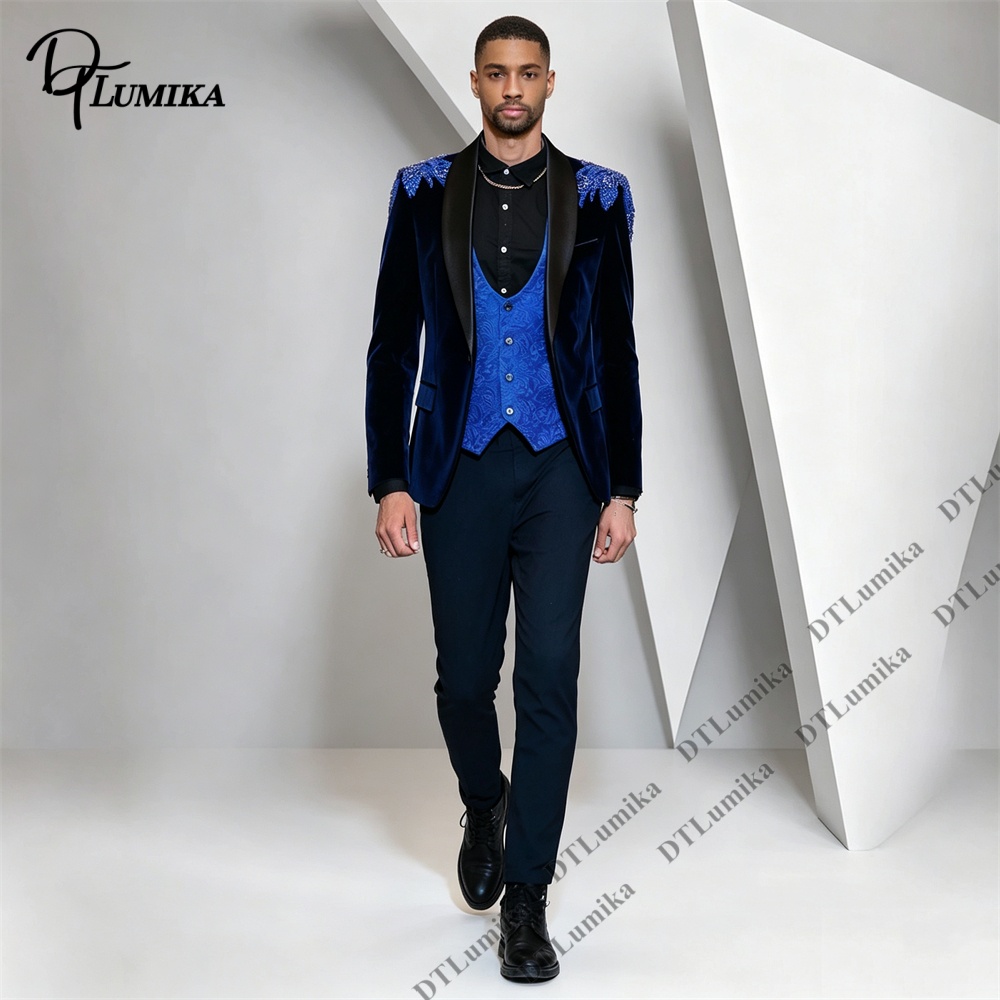 Formal Wear For Men In Wedding - Męski garnitur welurowy 3-częściowy, czarny, z