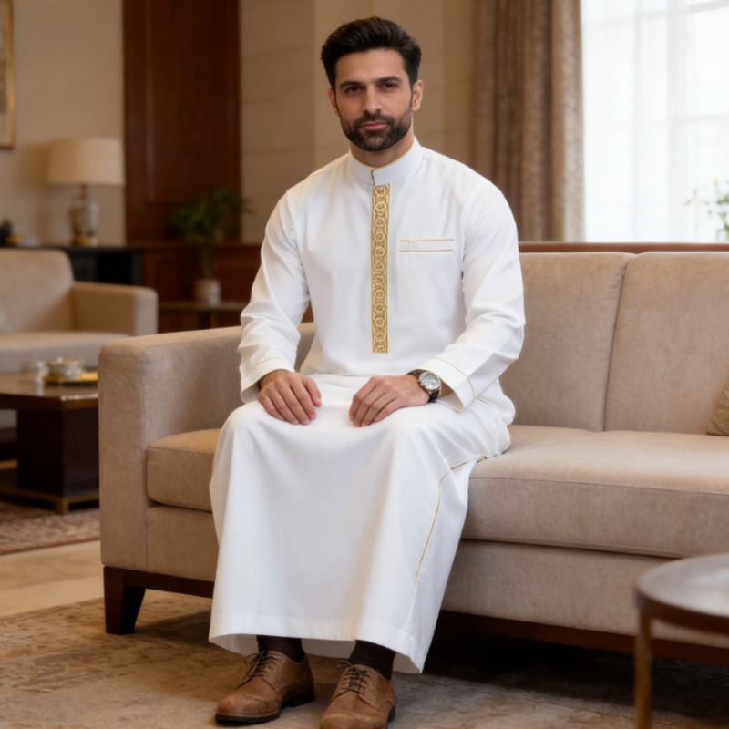 Męski arabski thobe z haftem,  – Arabic Formal Wear Men recenzja i cena